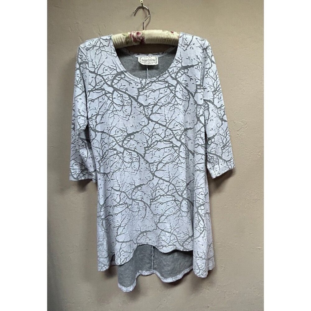Magdalena Womens Large White Gray Printed 3/4 Sleeve Hi-Low Tunic Top Casual
